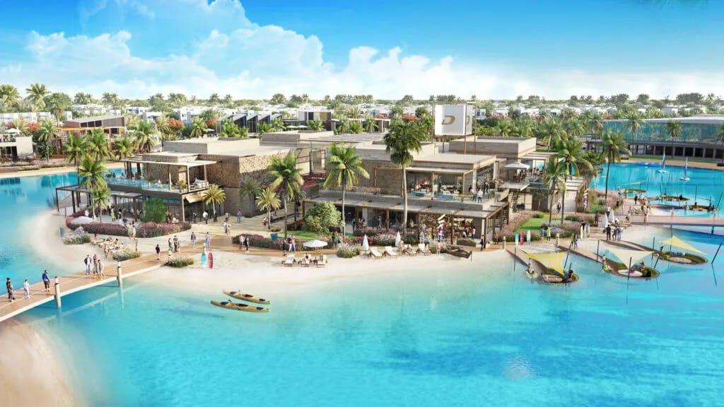 DAMAC Lagoons vue aérienne du beach club et lagon turquoise